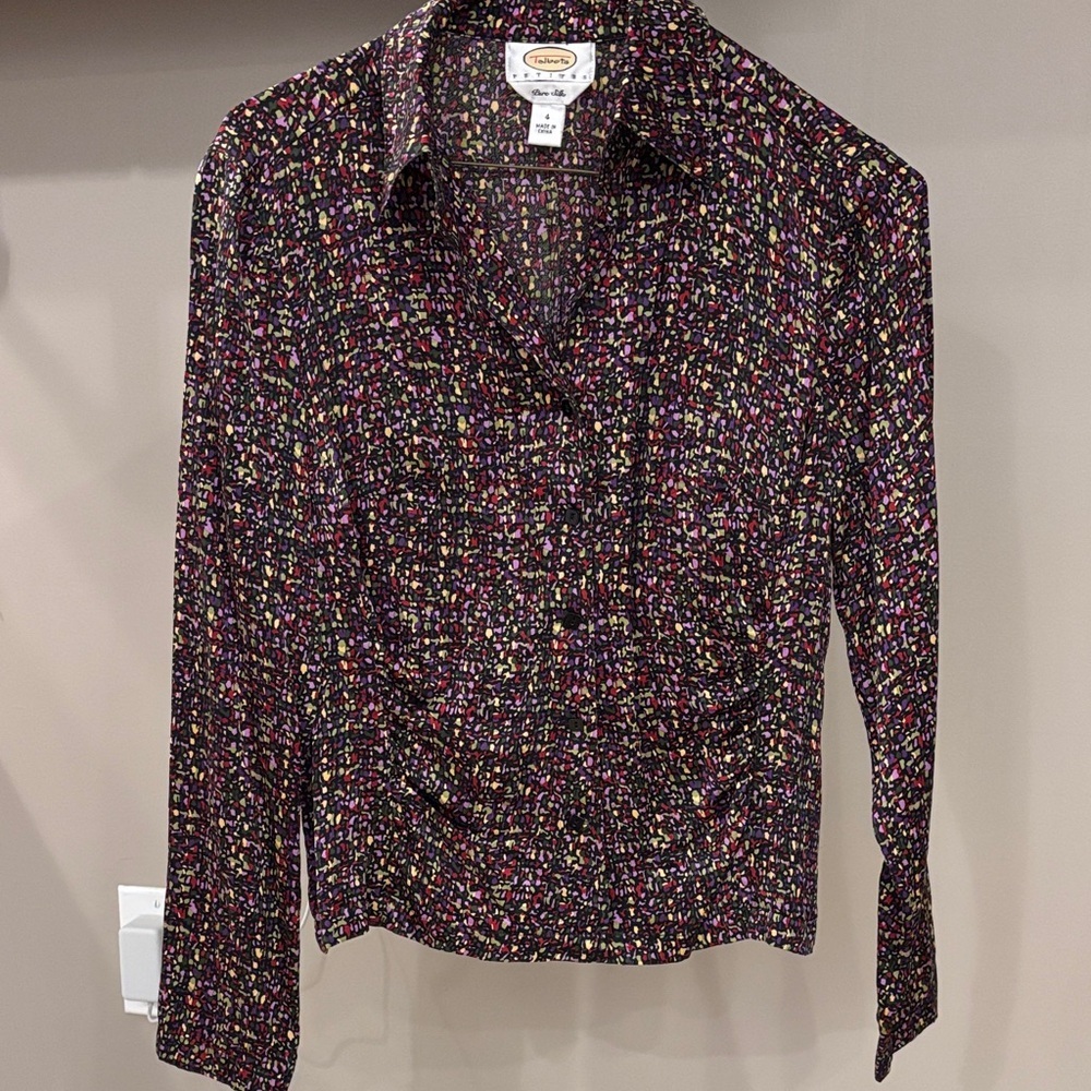 Talbots Petites 100% Silk Blouse 4P | Multicolor Print Button Down Shirt